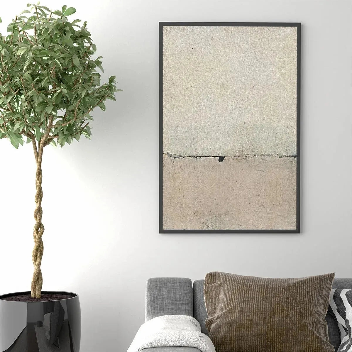 Minimalist Earthscape painting by Javier Ramirez in a modern living room setting