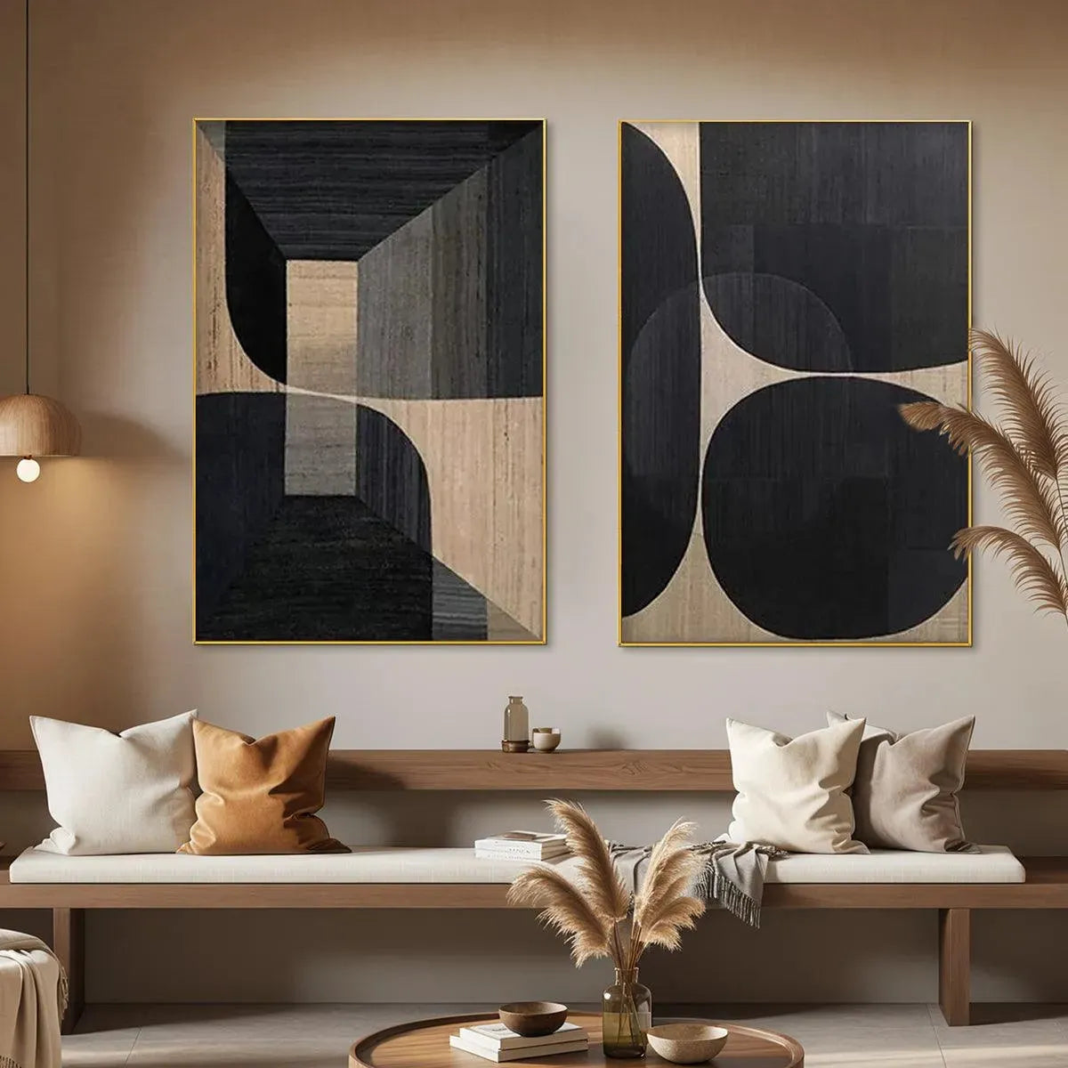 Set of 2 minimalist geometric abstract paintings in black, grey, and beige, displayed in a modern living room.