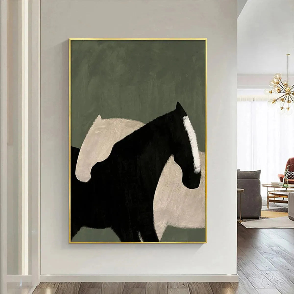 Minimalist horse painting by Javier Ramirez, black and white horses on green background, vertical wall art.