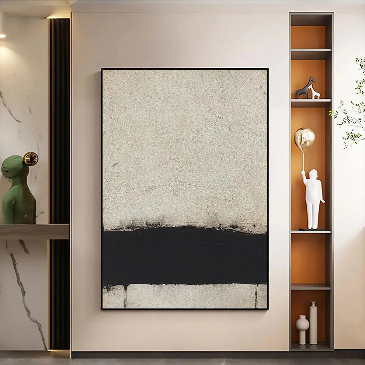 Minimalist black and white textured abstract painting by Javier Ramirez. Vertical wall art for modern living room decor