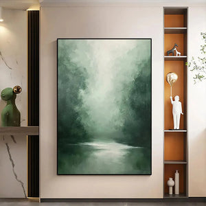 Liam O'Connell Misty Green Forest vertical wall art, atmospheric forest landscape, green hues, home decor