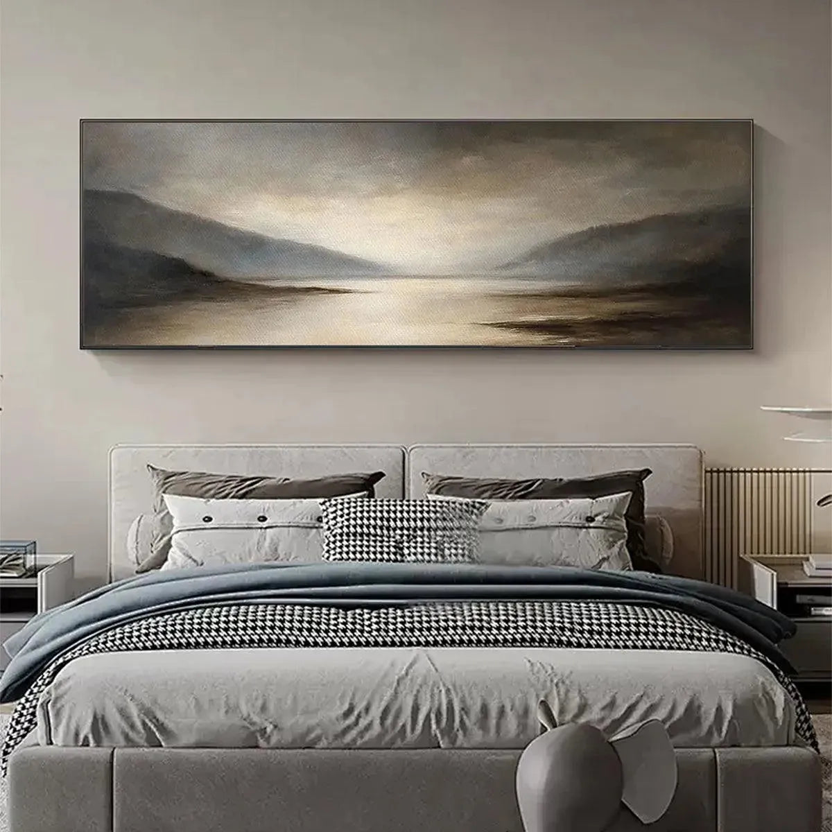 Misty Morning Serenity: Landscape Painting | Panoramic Wall Art | Neutral Decor