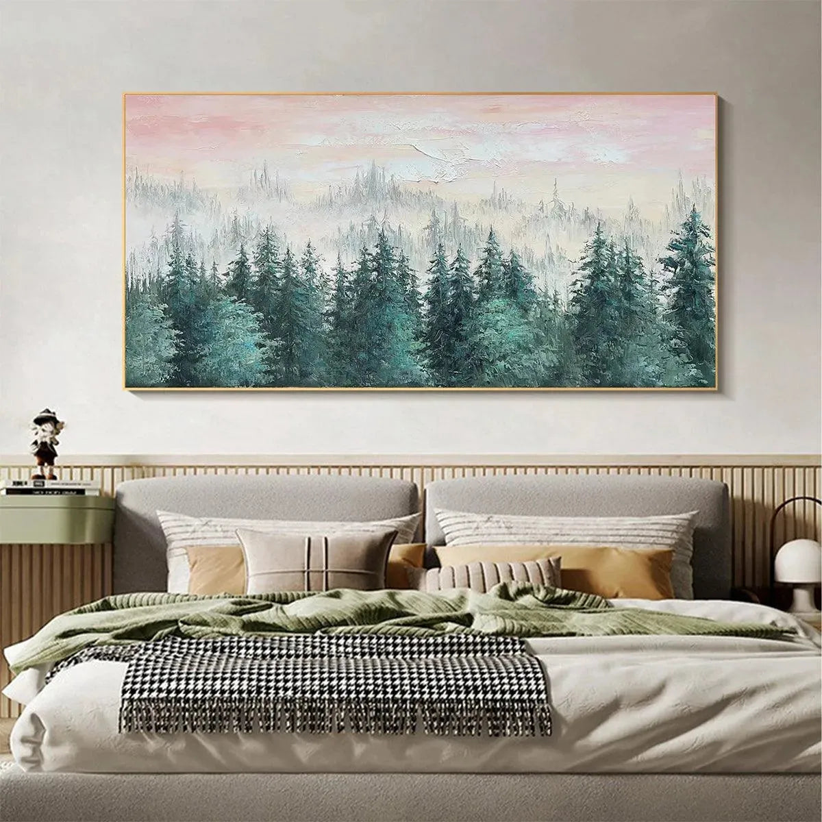 Misty Pines: Panoramic Forest Landscape Painting | Misty Trees | Green, Pink | Living Room, Bedroom, Office