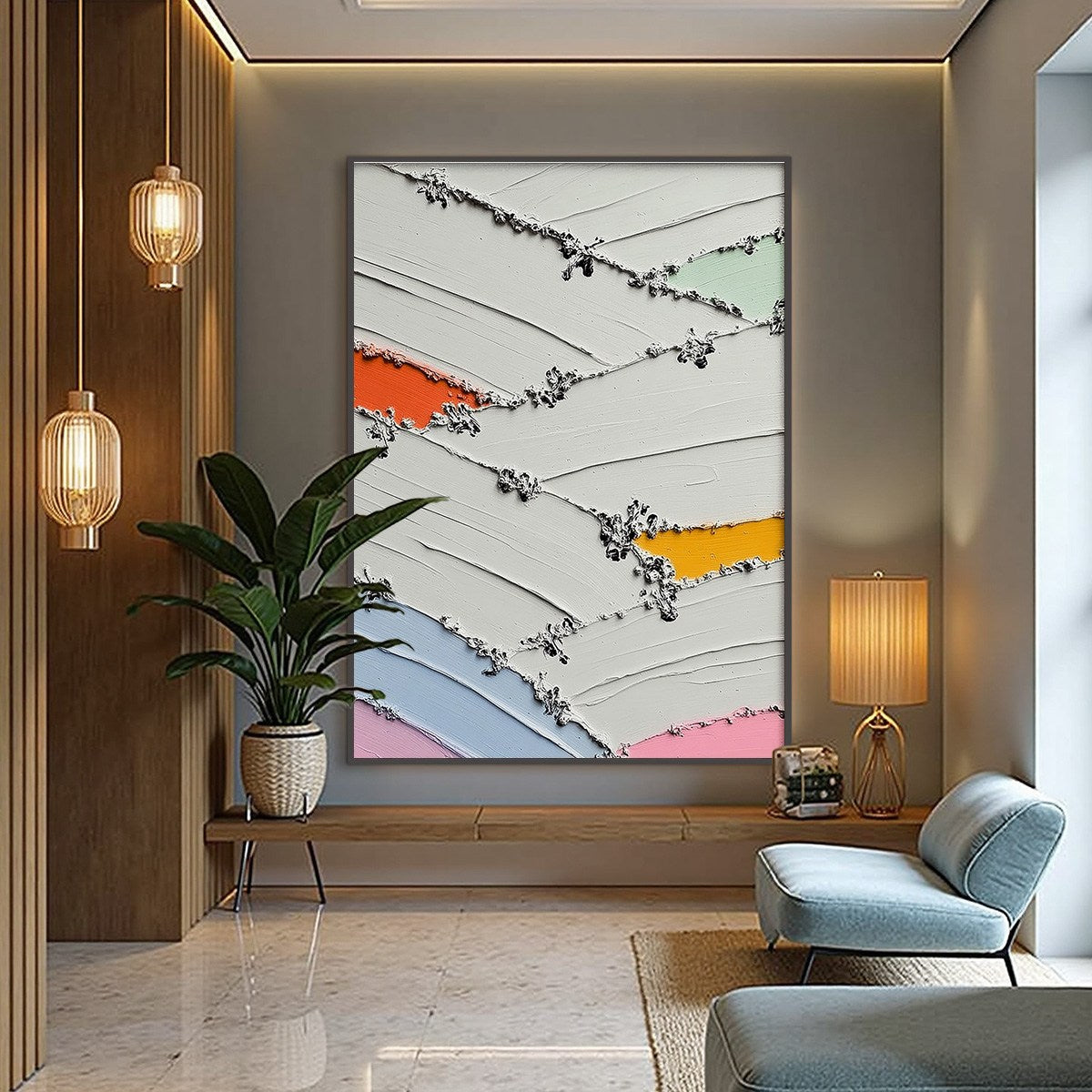 Original textured abstract oil painting 'Moments of Color' with impasto white and vibrant hues.