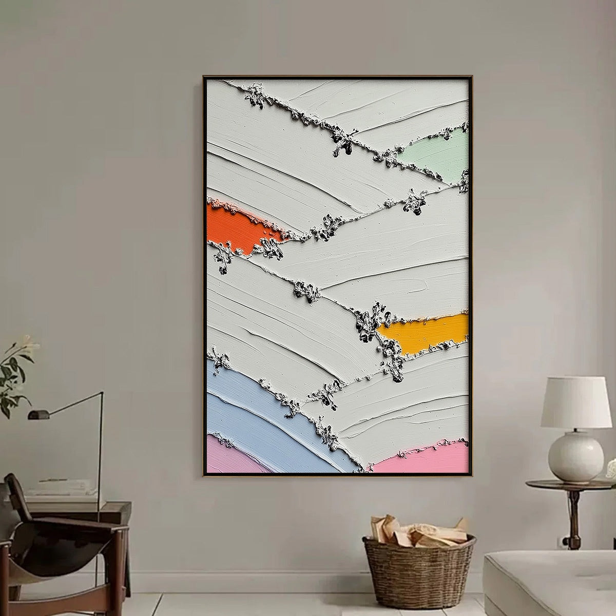 Abstract oil painting: impasto texture, white strokes, vibrant orange, blue, yellow accents.