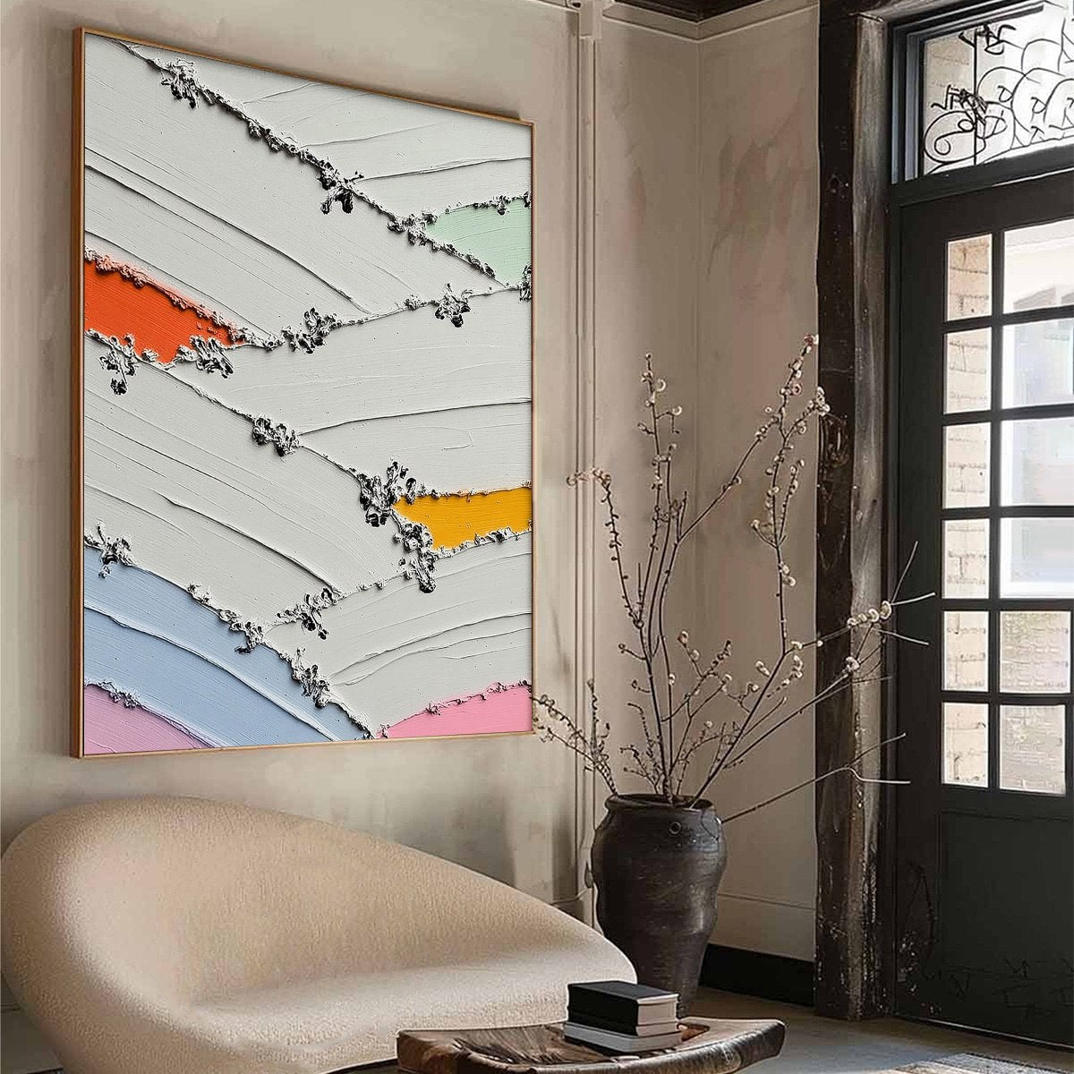 Original textured impasto abstract oil painting, white with orange, yellow, blue, green, pink.