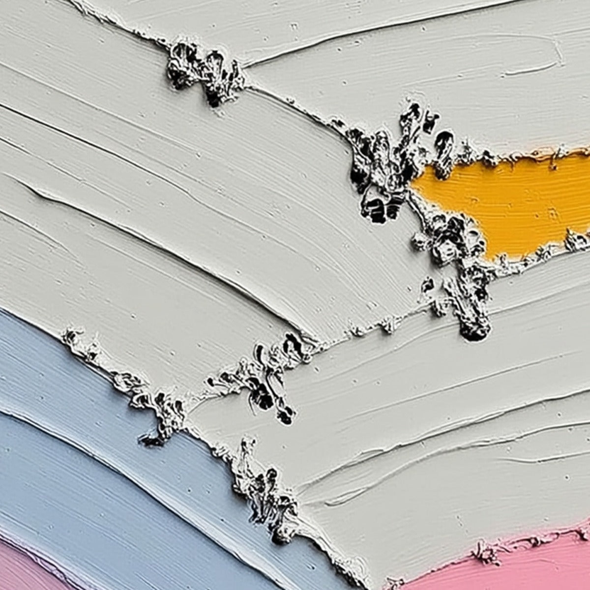 Textured modern wall art: abstract oil painting with impasto, white, yellow, blue, pink.