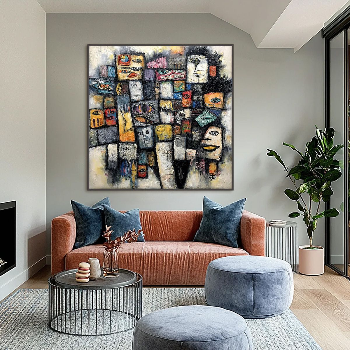 Mosaic of Souls | Square Abstract Portrait Oil Painting for Wall