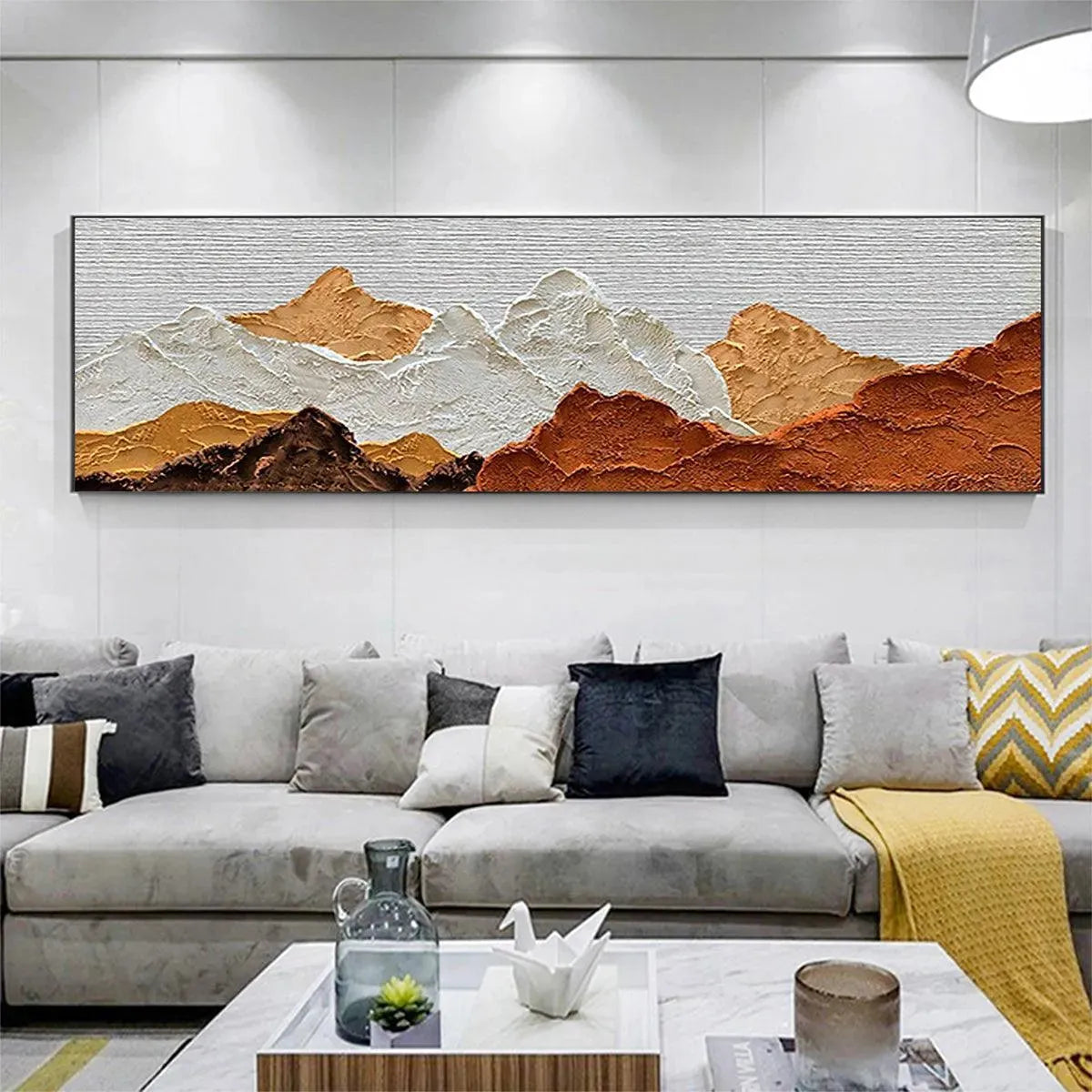 Liam O'Connell MOUNTAIN PEAKS painting. Textured mountain range with brown, white, and orange hues. Modern home decor.
