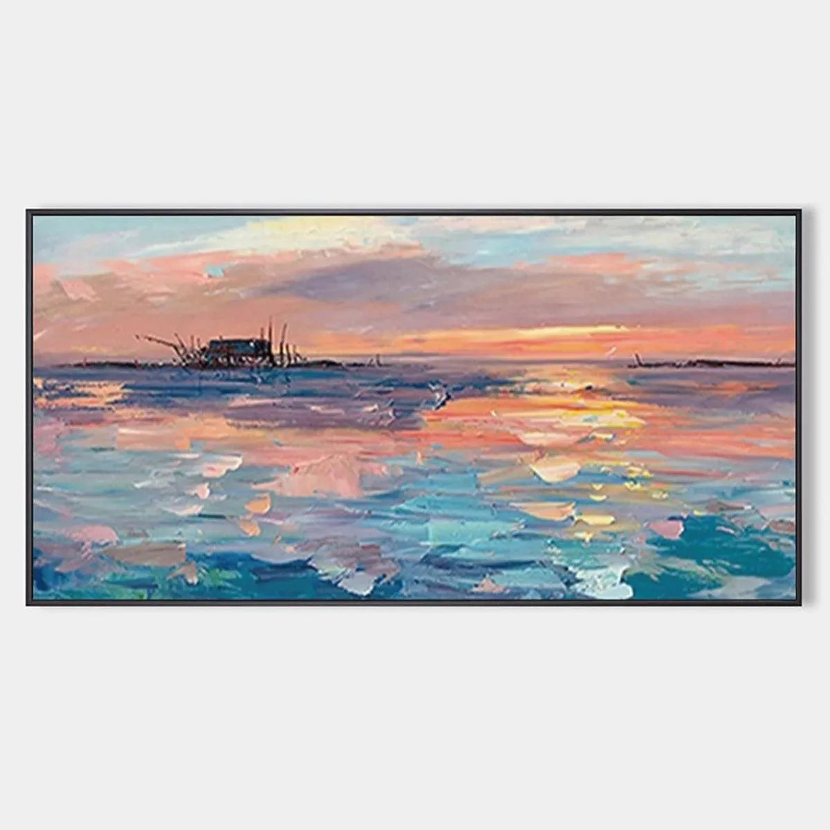 DUSK REFLECTIONS: Panoramic Coastal Sunset Painting, Minimalist Wall Art