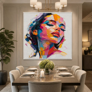 Colorful pop art female portrait painting displayed in a refined dining room.