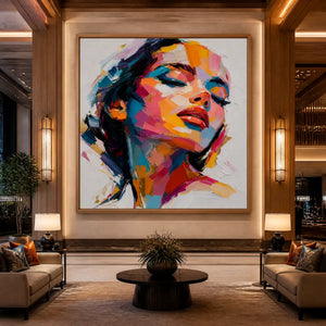 Colorful pop art female portrait painting displayed in a luxury hotel lobby.