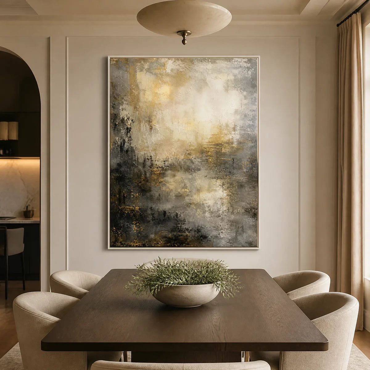 Moody gold and black abstract wall art above a modern dining table in a refined dining room.