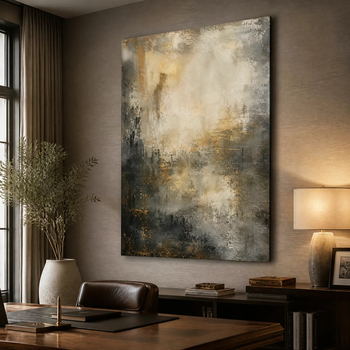Moody gold and black abstract wall art above a modern executive desk.