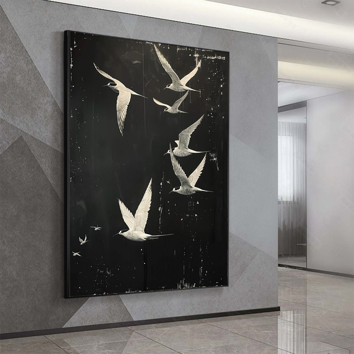 NIGHT FLIGHT: Monochromatic Birds in Flight Oil Painting