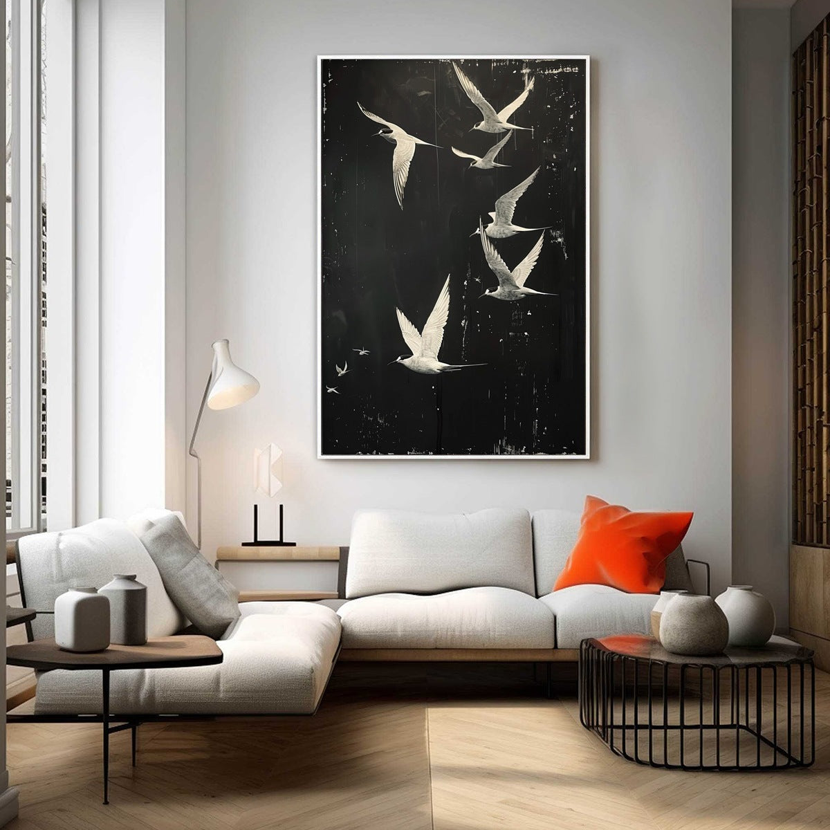 NIGHT FLIGHT: Monochromatic Birds in Flight Oil Painting