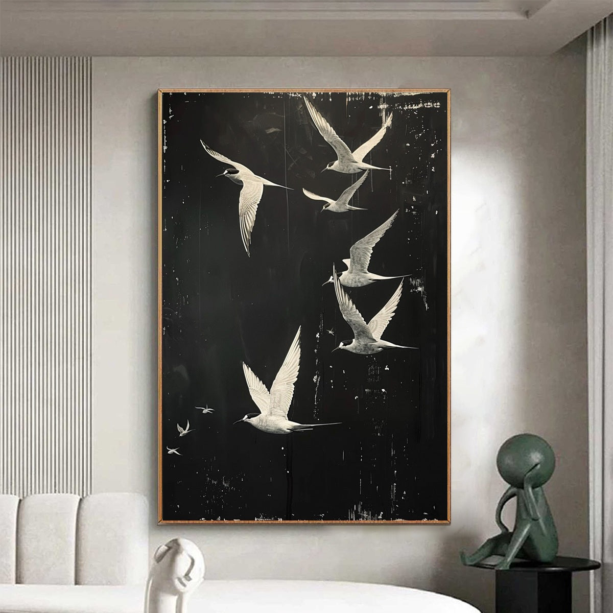 Night Flight: Original Monochromatic Birds Oil Painting - Black