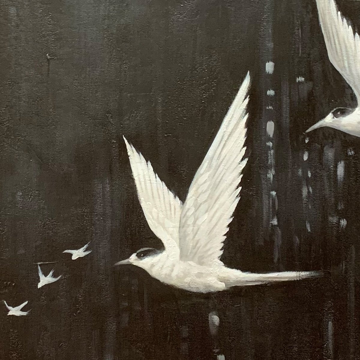 NIGHT FLIGHT: Monochromatic Birds in Flight Oil Painting