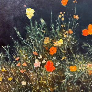 NIGHT GARDEN PANORAMIC: Wildflower Painting, Panoramic Wall Art, Dark Floral Decor