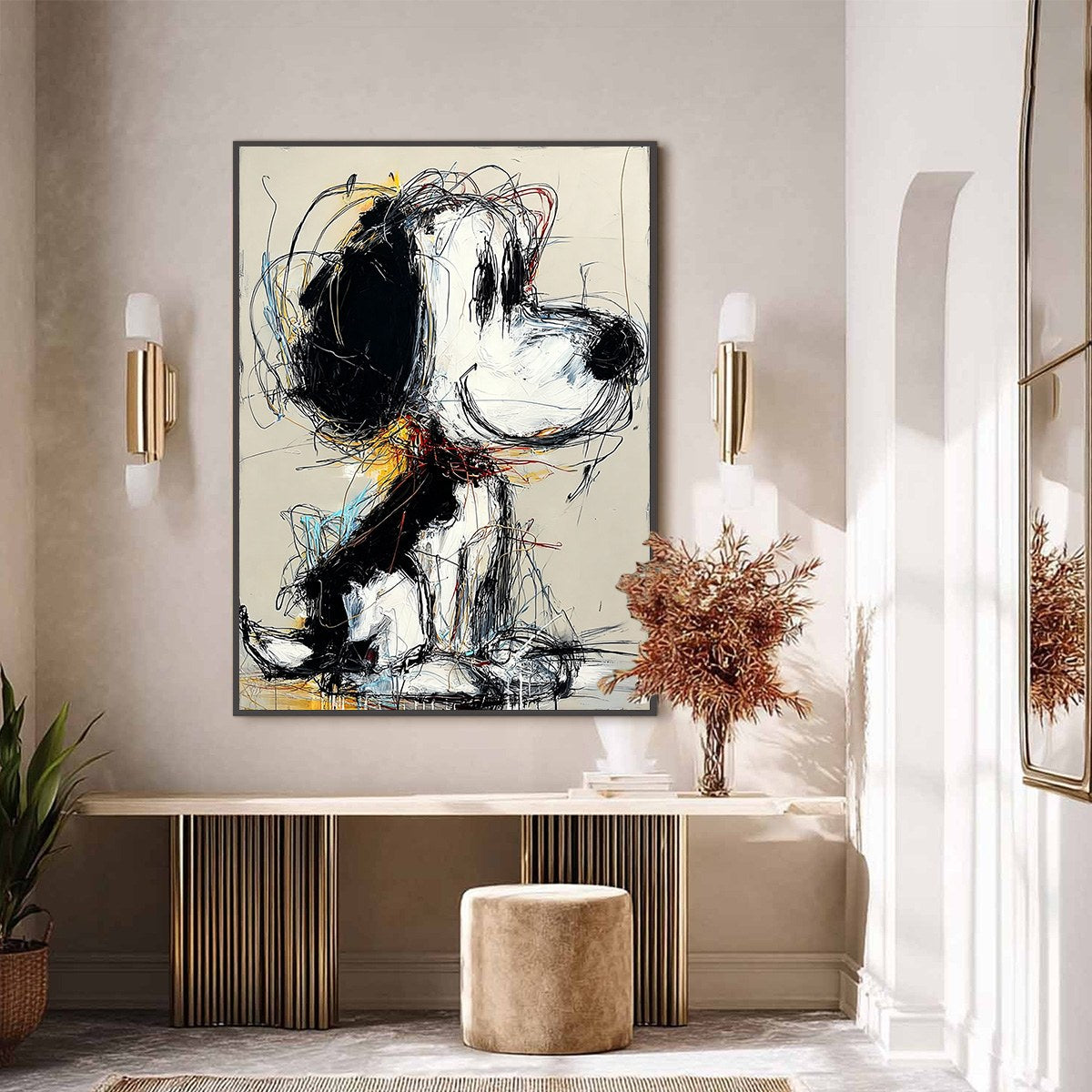 NOSTALGIC SCRIBBLE: Expressive Pop Art Dog Painting for Modern Decor