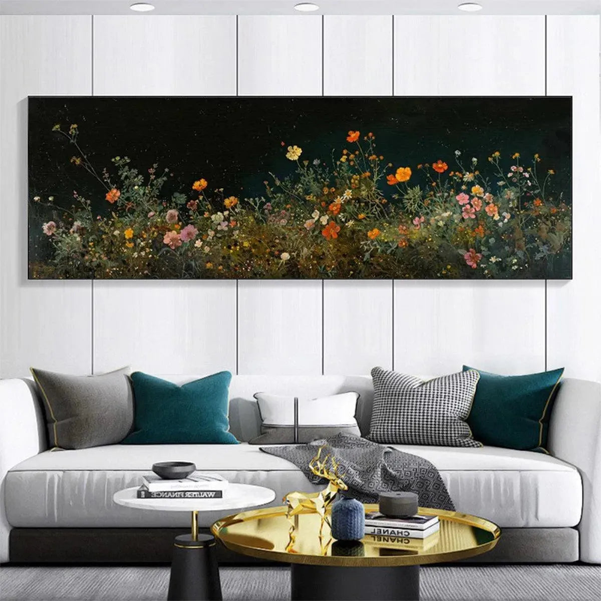 Panoramic wildflower painting with pink, orange, yellow blooms against dark background, displayed in living room for scale.