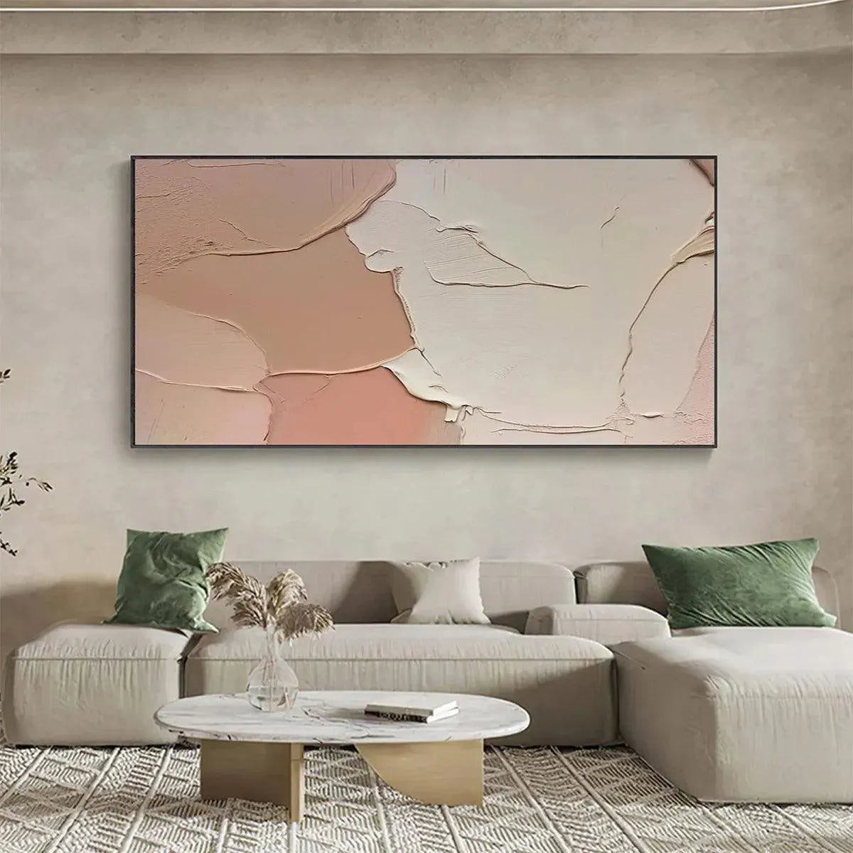 Liam O'Connell Nude Abstract painting, horizontal textured impasto in peach, cream, and rose, displayed in living room.