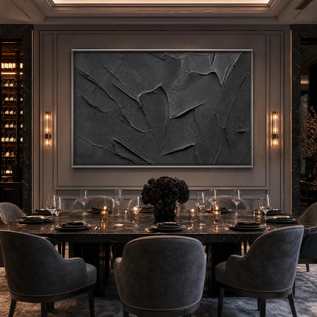 Textured black abstract wall art in a luxury dining room, minimalist impasto painting