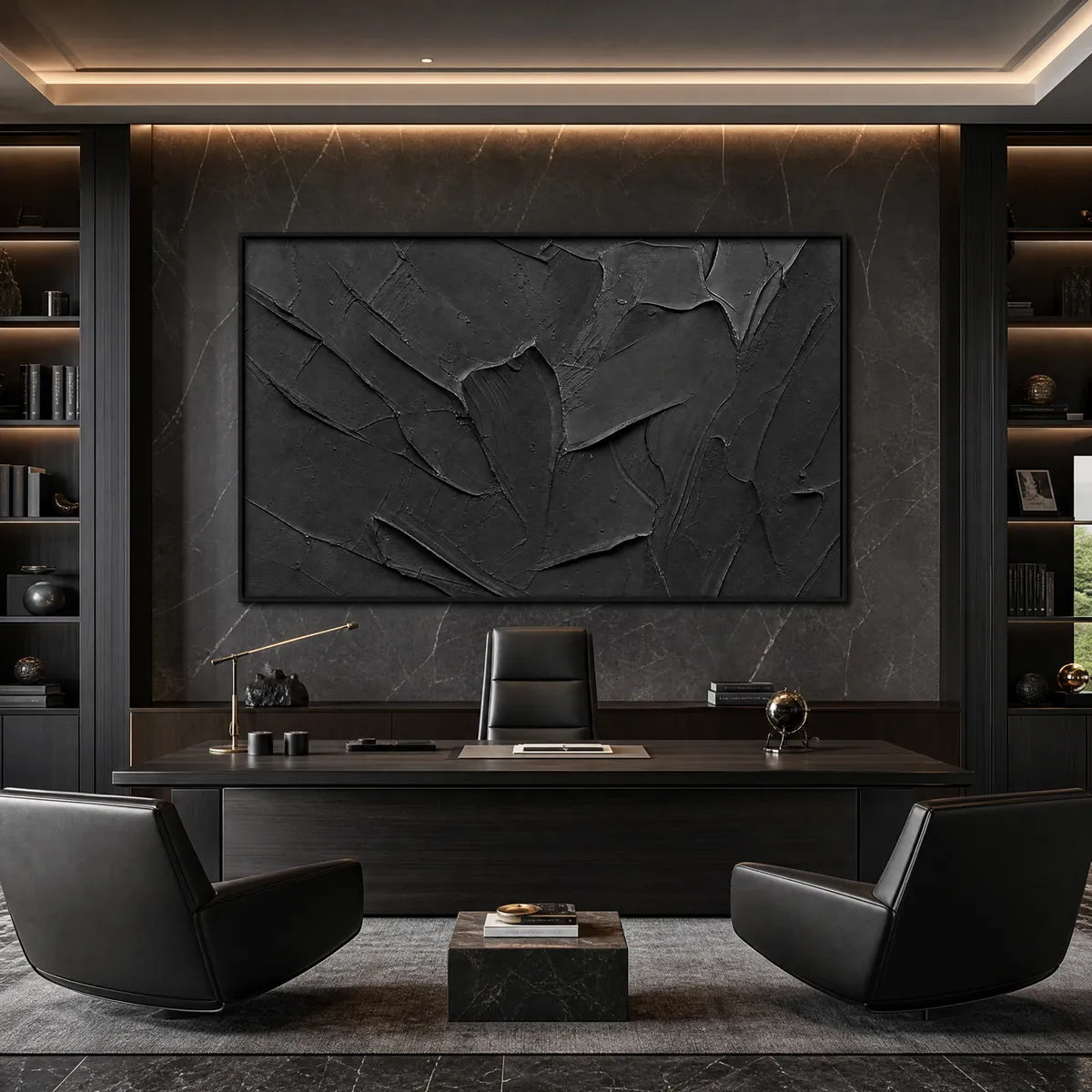 Textured black abstract wall art in a modern luxury office interior