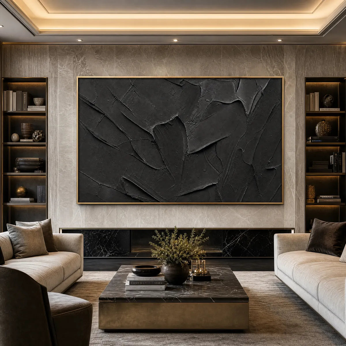 Textured black minimalist impasto wall art in a luxury living room