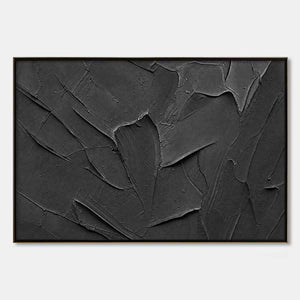 Black textured minimalist impasto wall art in framed abstract painting