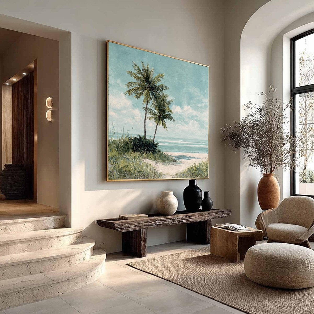 OCEAN BREEZE: Serene Coastal Palm Tree Beach Painting