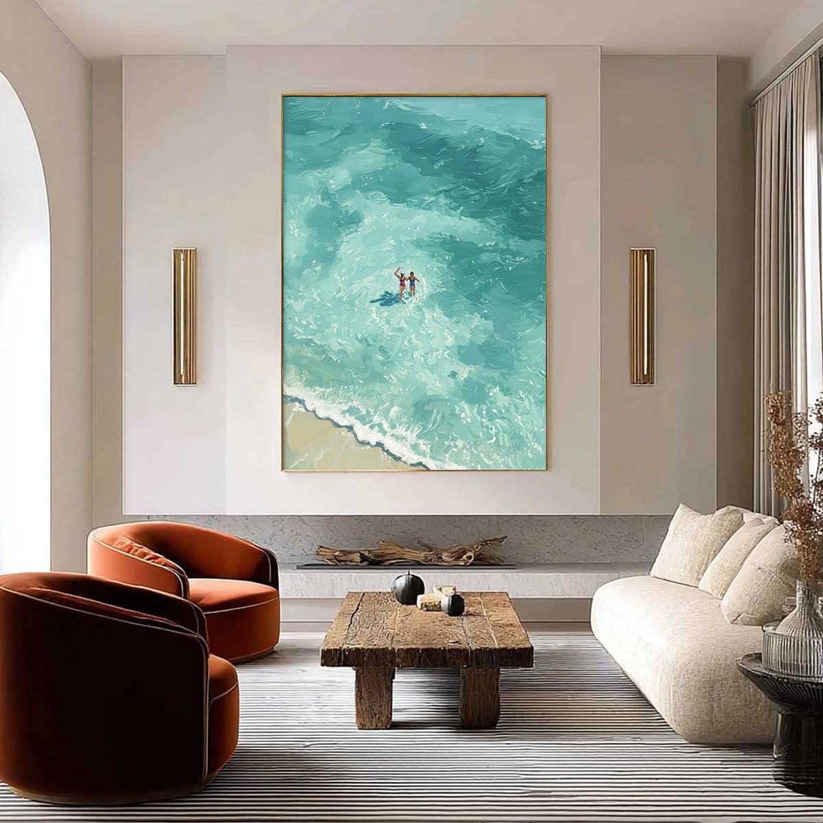 OCEAN EMBRACE: Aerial View Beach Scene with Swimmers Oil Painting