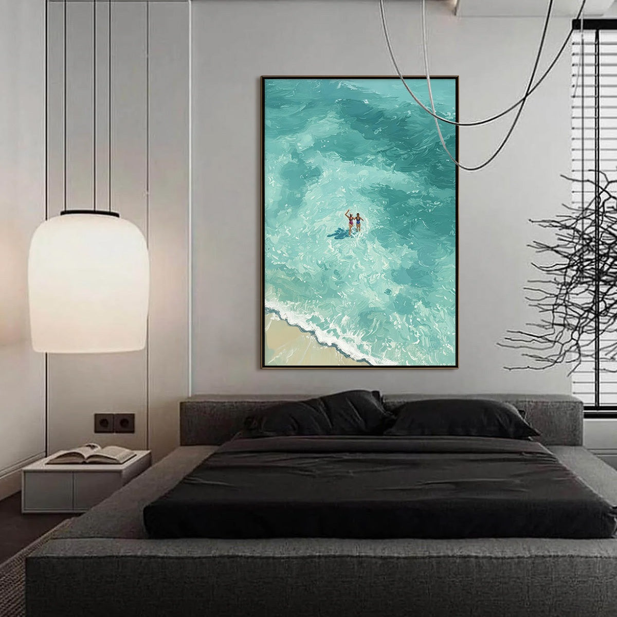 OCEAN EMBRACE: Aerial View Beach Scene with Swimmers Oil Painting