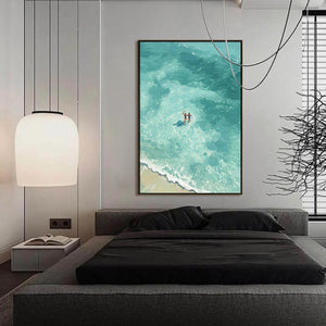 OCEAN EMBRACE: Aerial View Beach Scene with Swimmers Oil Painting