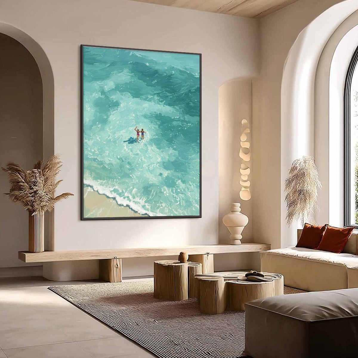 OCEAN EMBRACE: Aerial View Beach Scene with Swimmers Oil Painting