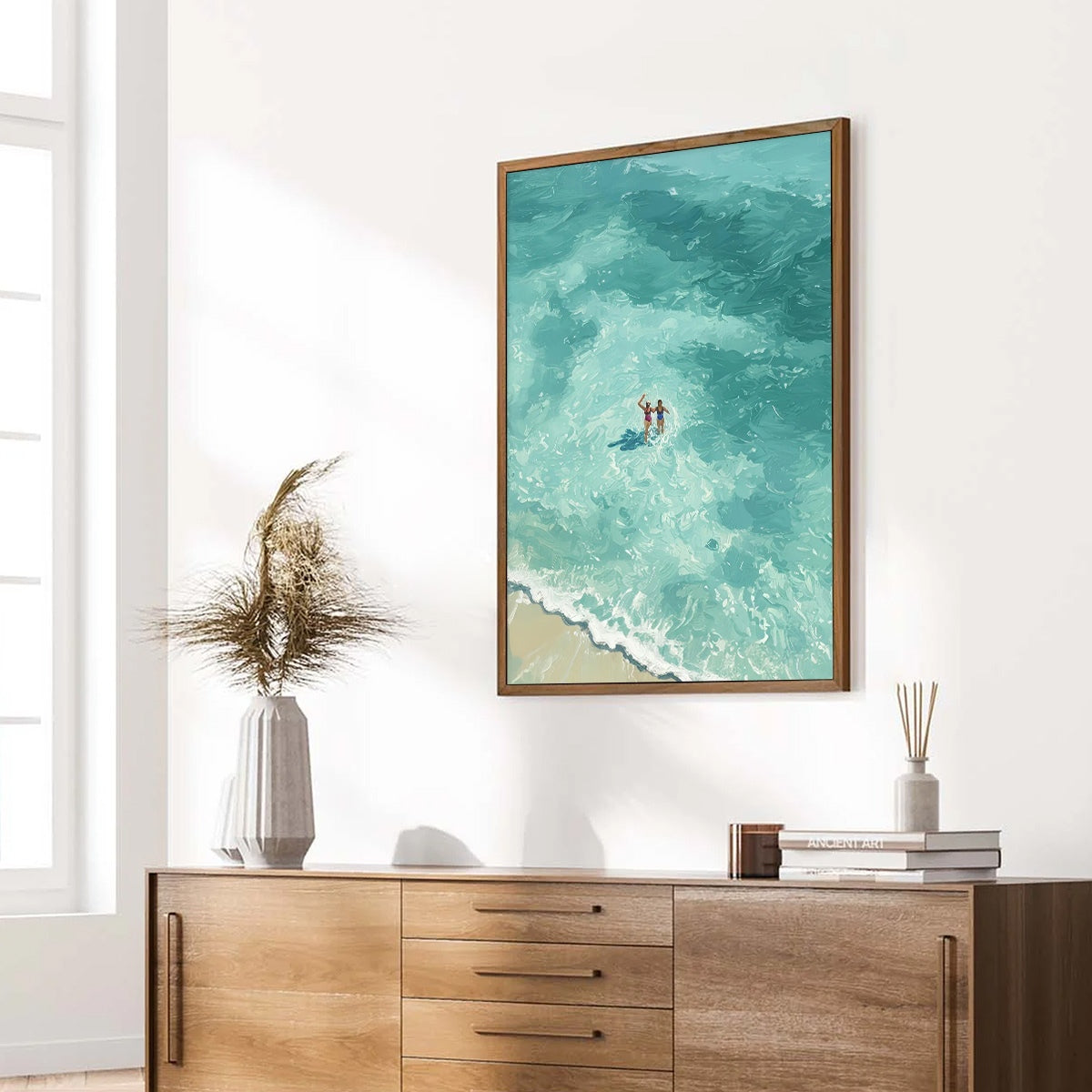 OCEAN EMBRACE: Aerial View Beach Scene with Swimmers Oil Painting