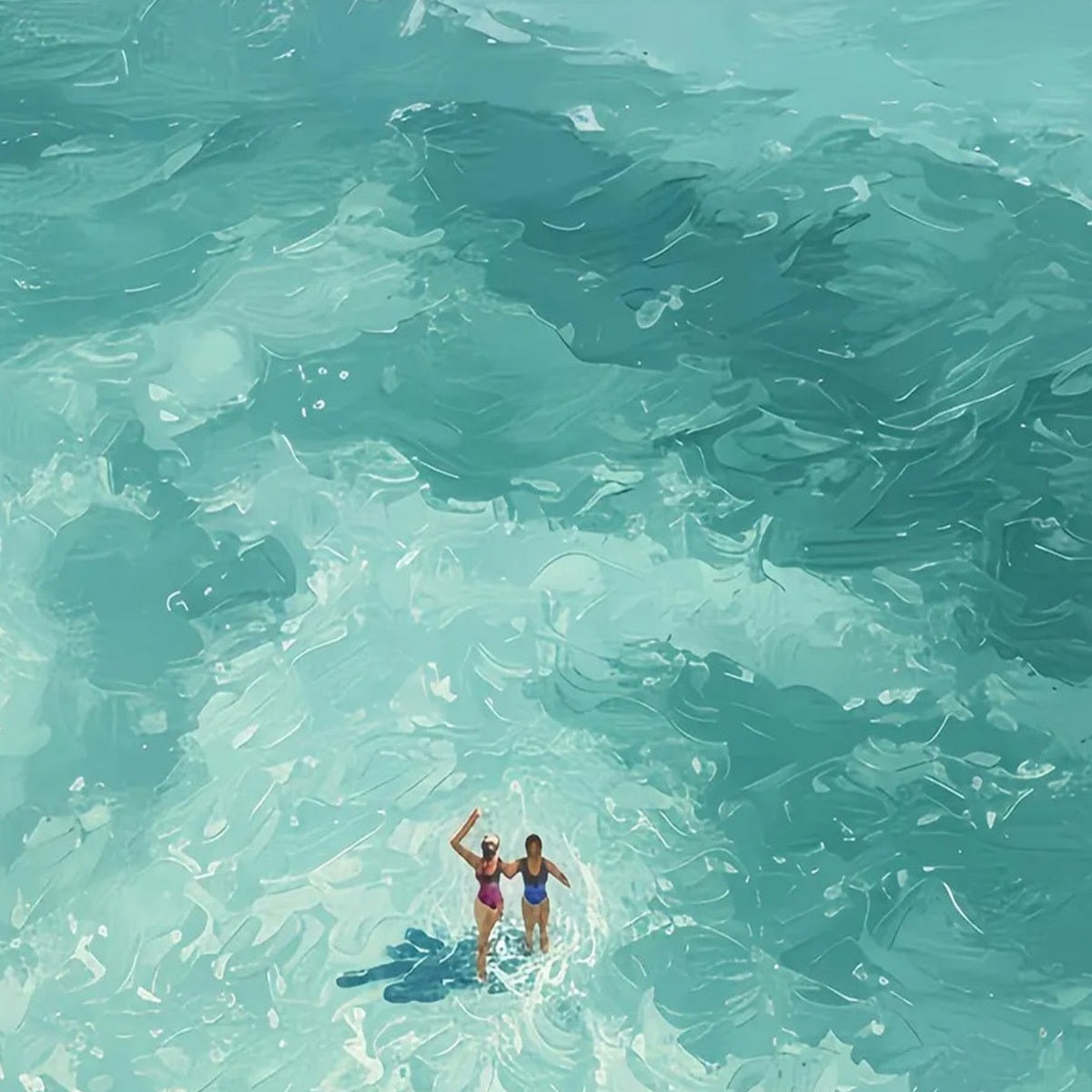 OCEAN EMBRACE: Aerial View Beach Scene with Swimmers Oil Painting