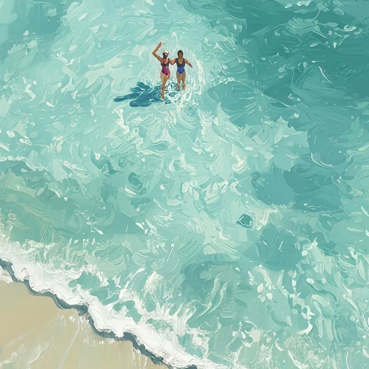 OCEAN EMBRACE: Aerial View Beach Scene with Swimmers Oil Painting