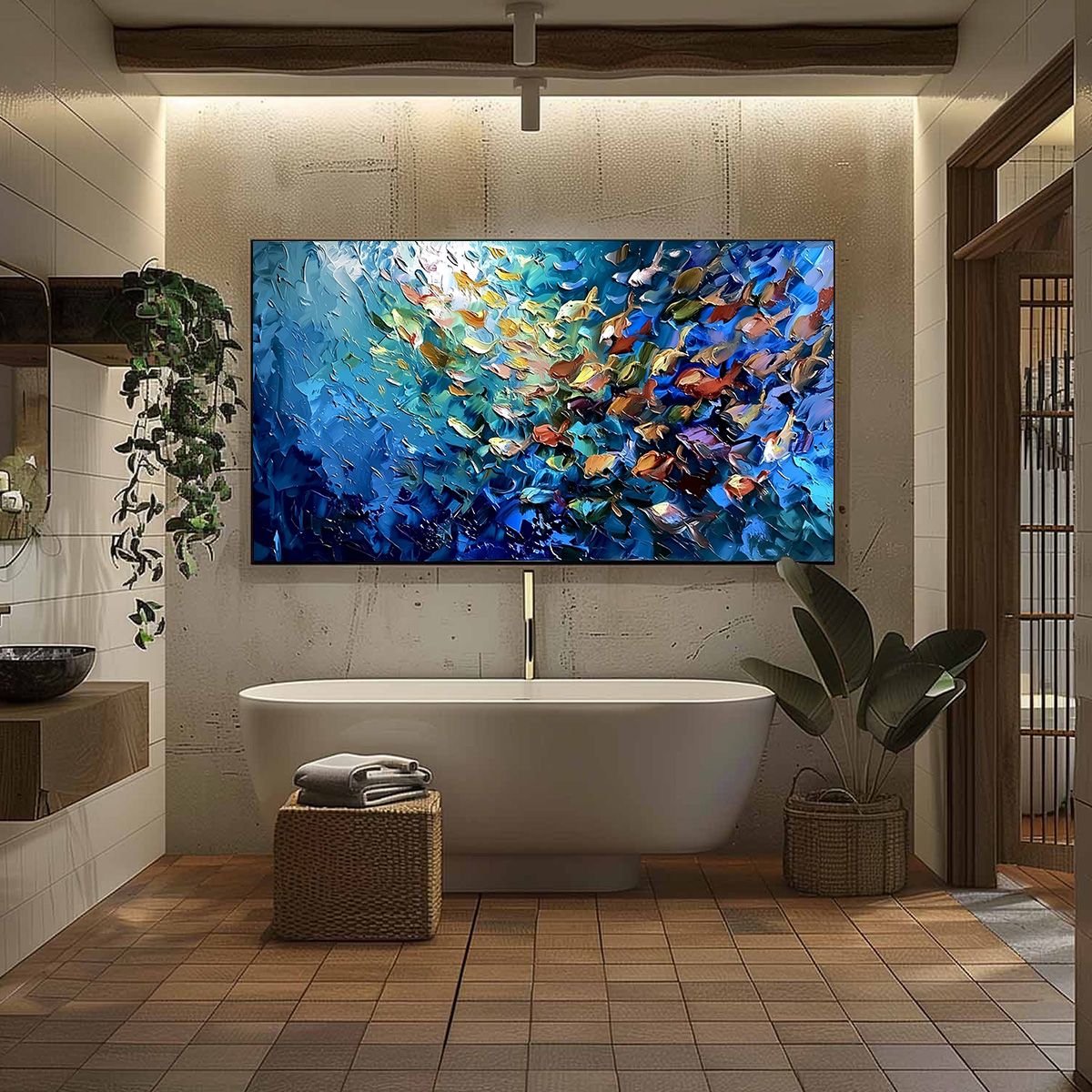 OCEANIC CONVERGENCE: Textured Impasto Painting of a Vibrant School of Fish