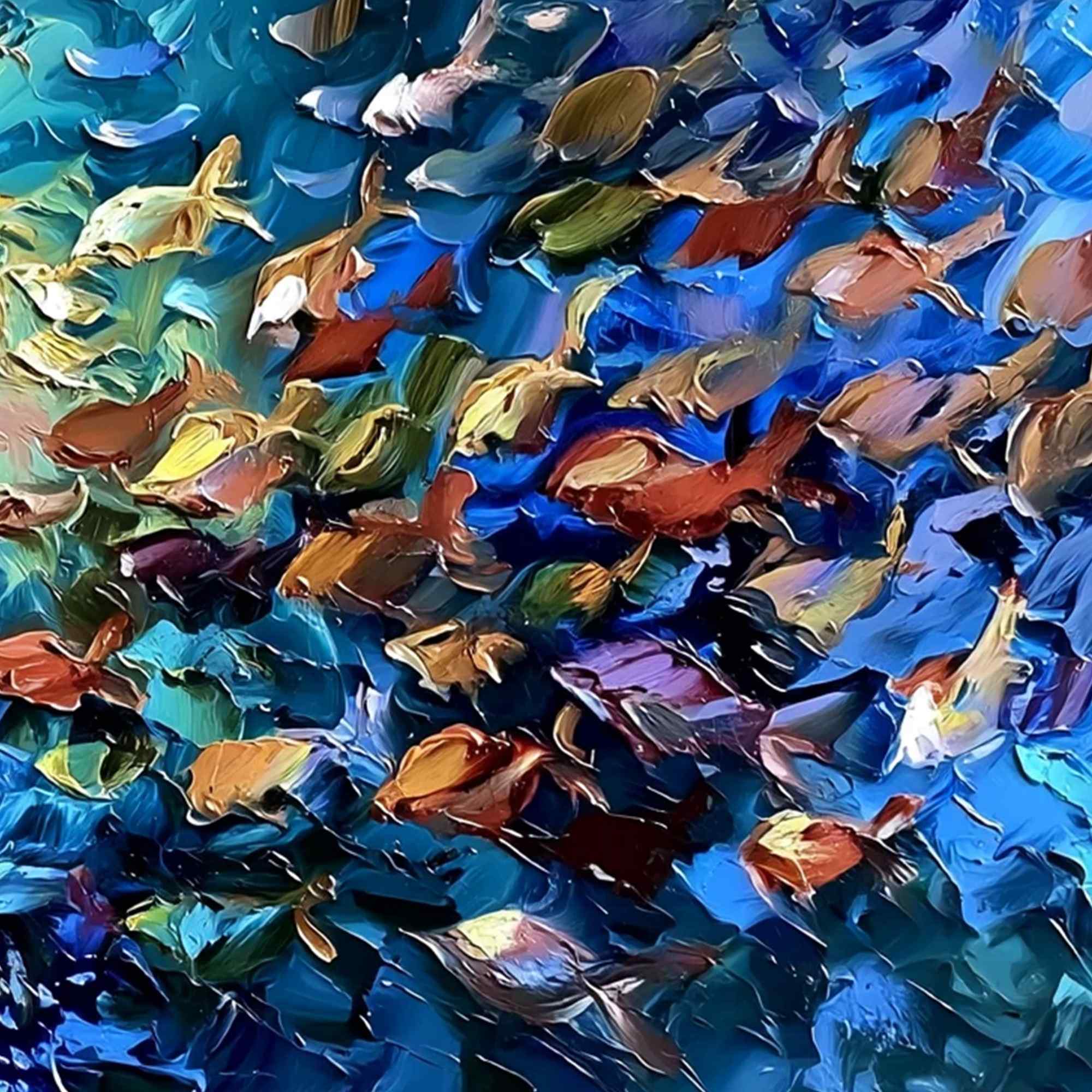 OCEANIC CONVERGENCE: Textured Impasto Painting of a Vibrant School of Fish