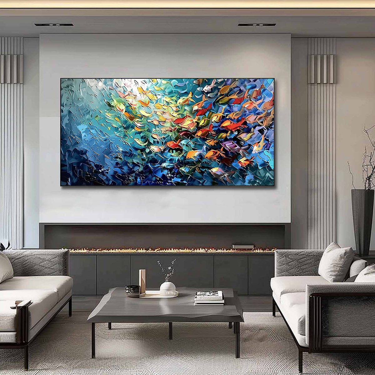 OCEANIC RUSH: Textured Palette Knife Painting of a School of Fish