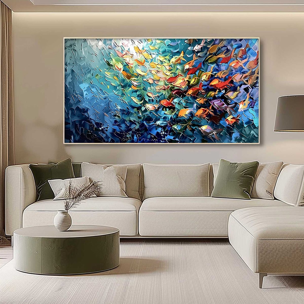 OCEANIC RUSH: Textured Palette Knife Painting of a School of Fish