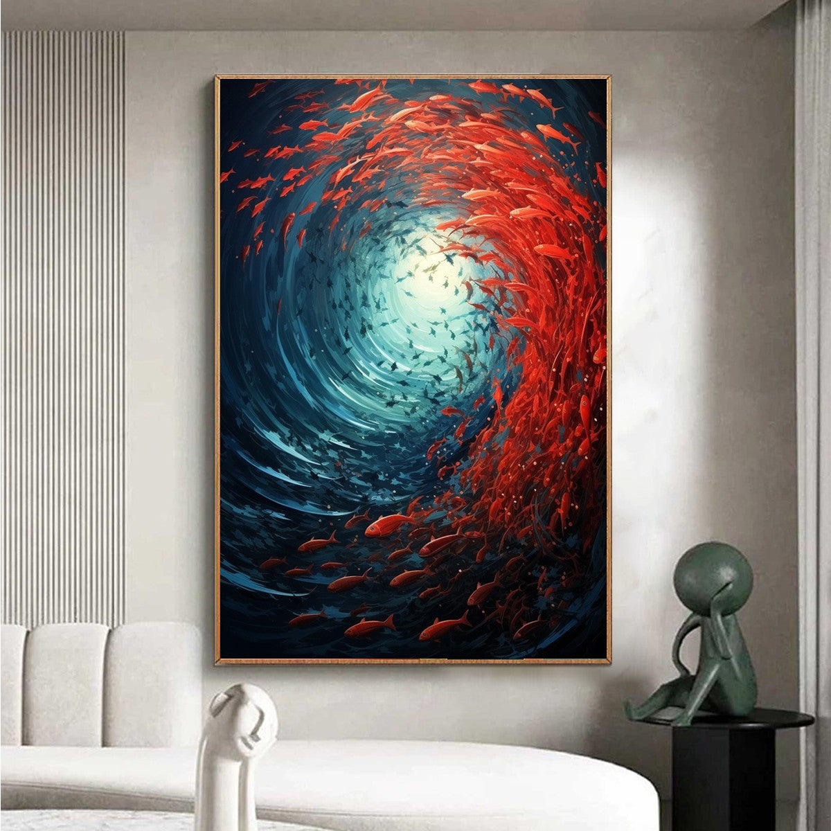 Oceanic Dance: Original Abstract Fish Oil Painting - Red and Blue Ocean Vortex Wall Art