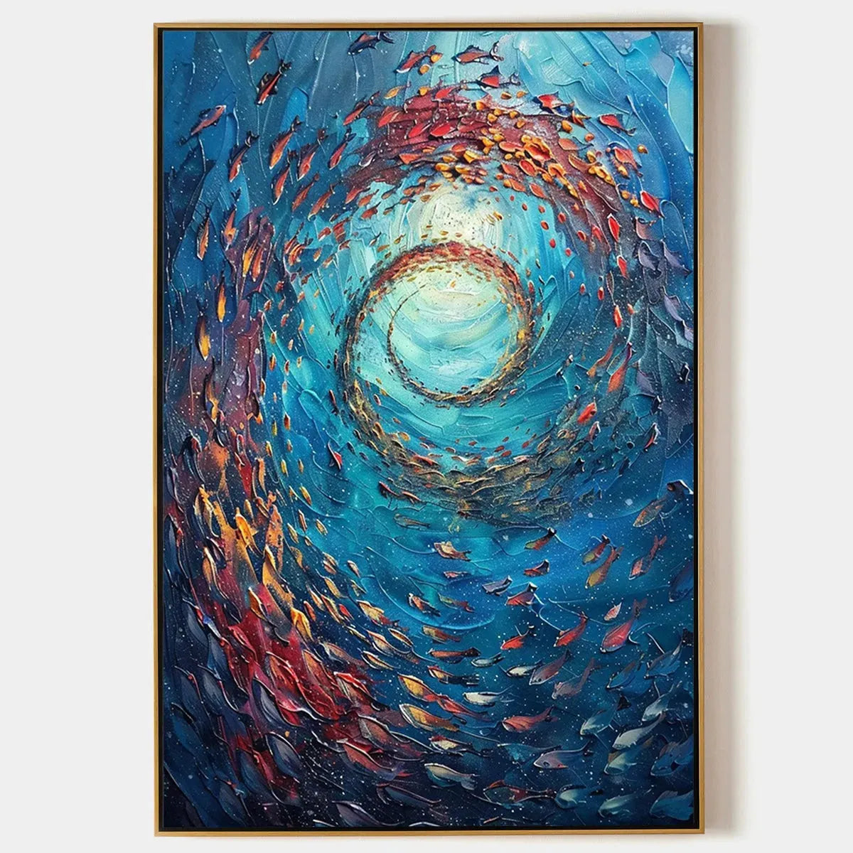 Oceanic Vortex: Vertical Fish Painting | Impasto | Colorful