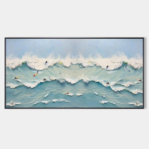 Ocean's Heartbeat panoramic painting: surfers on dynamic blue waves. Textured brushstrokes by Liam O'Connell.