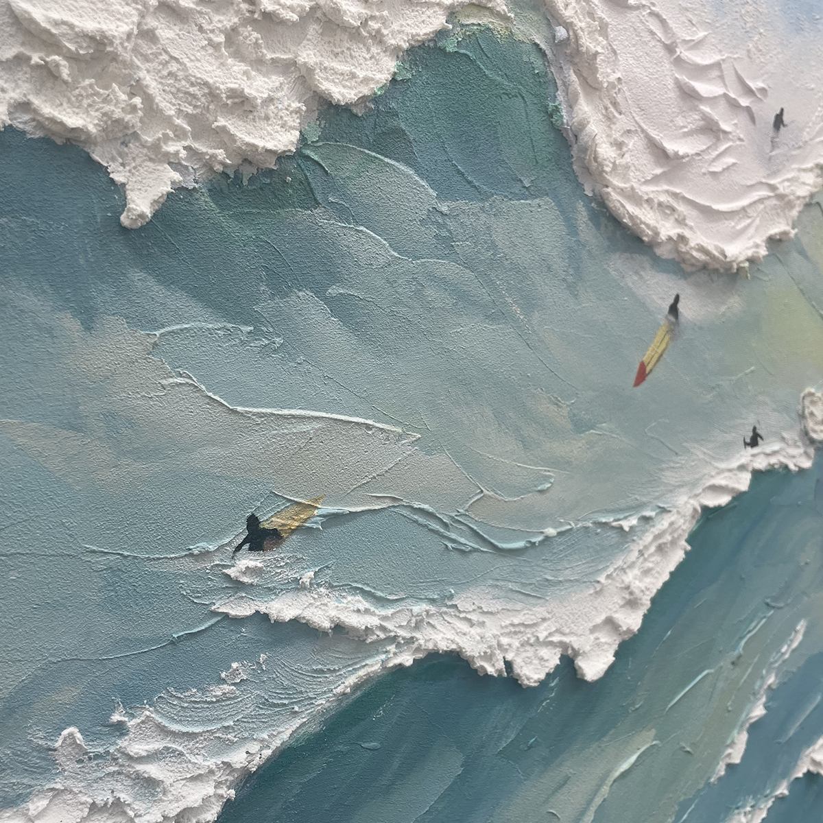 Textured ocean wave painting detail with thick impasto foam, dynamic blue-green water, and subtle surfer figures.