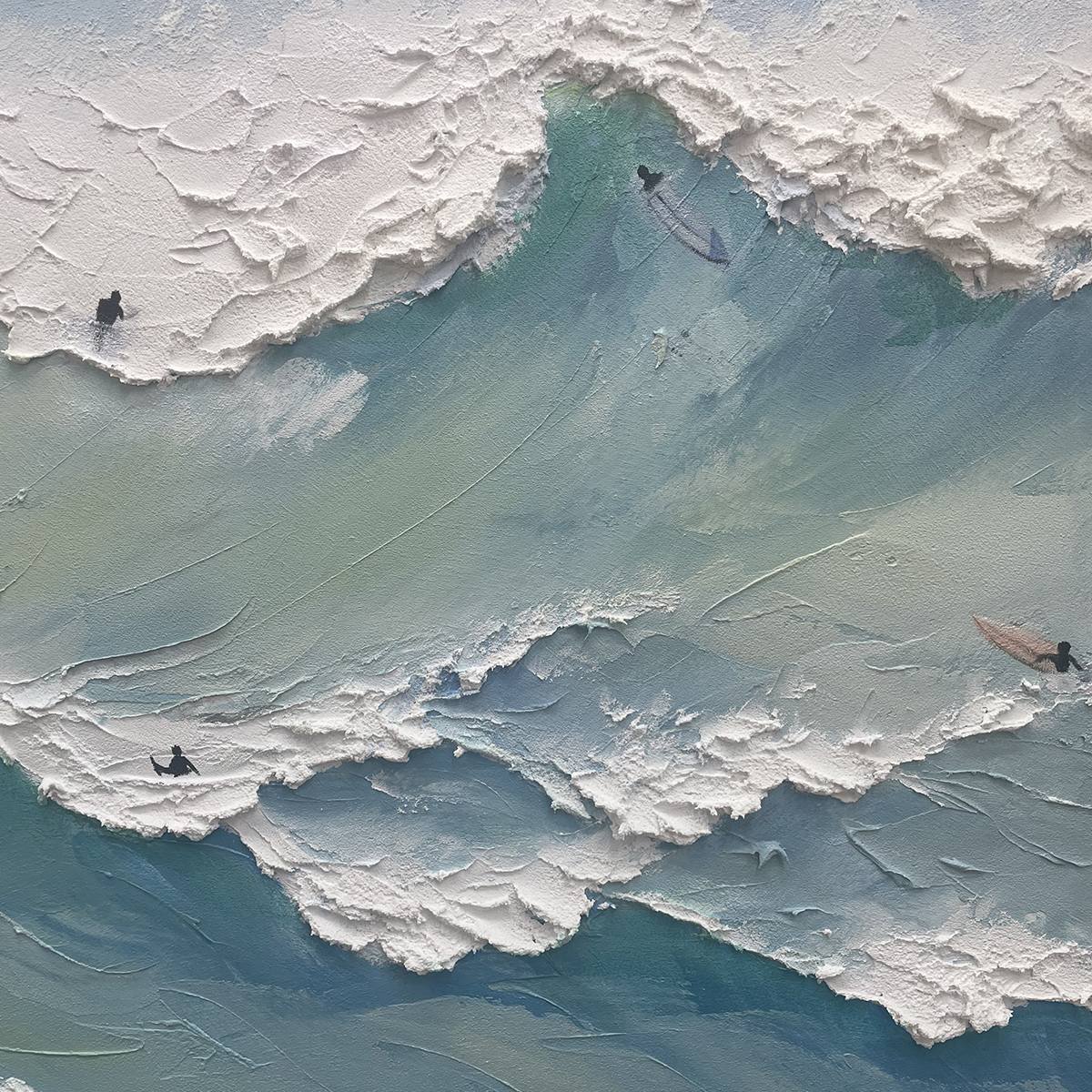 Close-up textured ocean wave painting with thick white impasto foam, blue water, and silhouetted surfers.