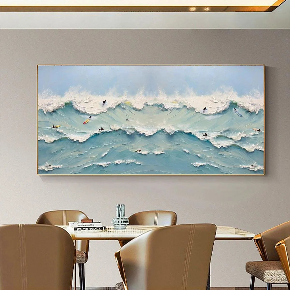 Ocean's Heartbeat original oil painting with surfers on textured blue waves in dining room.