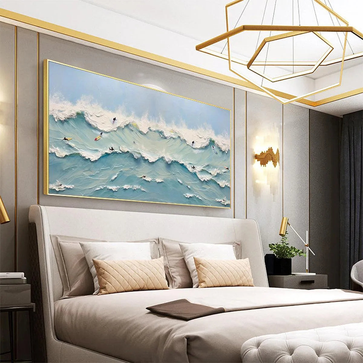 Ocean's Heartbeat panoramic ocean wave painting with surfers in a modern bedroom, by Liam O'Connell, for coastal living