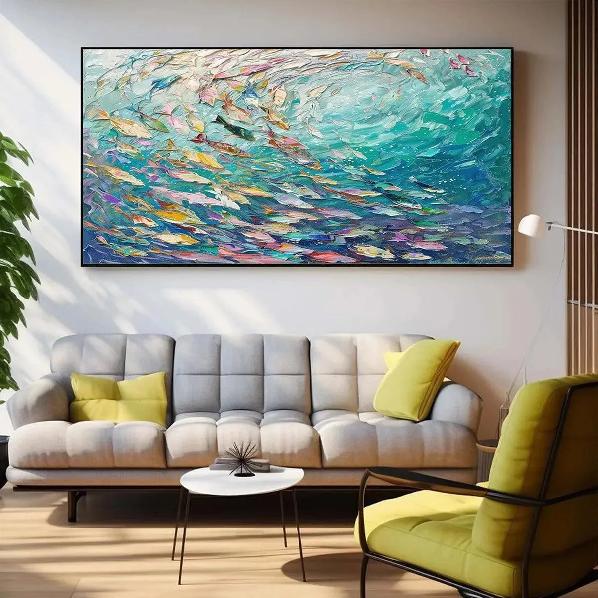 Ocean Currents abstract impasto seascape painting, colorful marine life in blue-green. Willow Davies art, lifestyle setting.